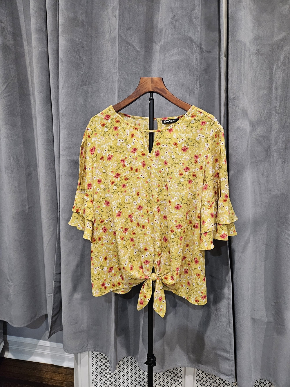 Yellow Floral Tie-Front Women's Blouse